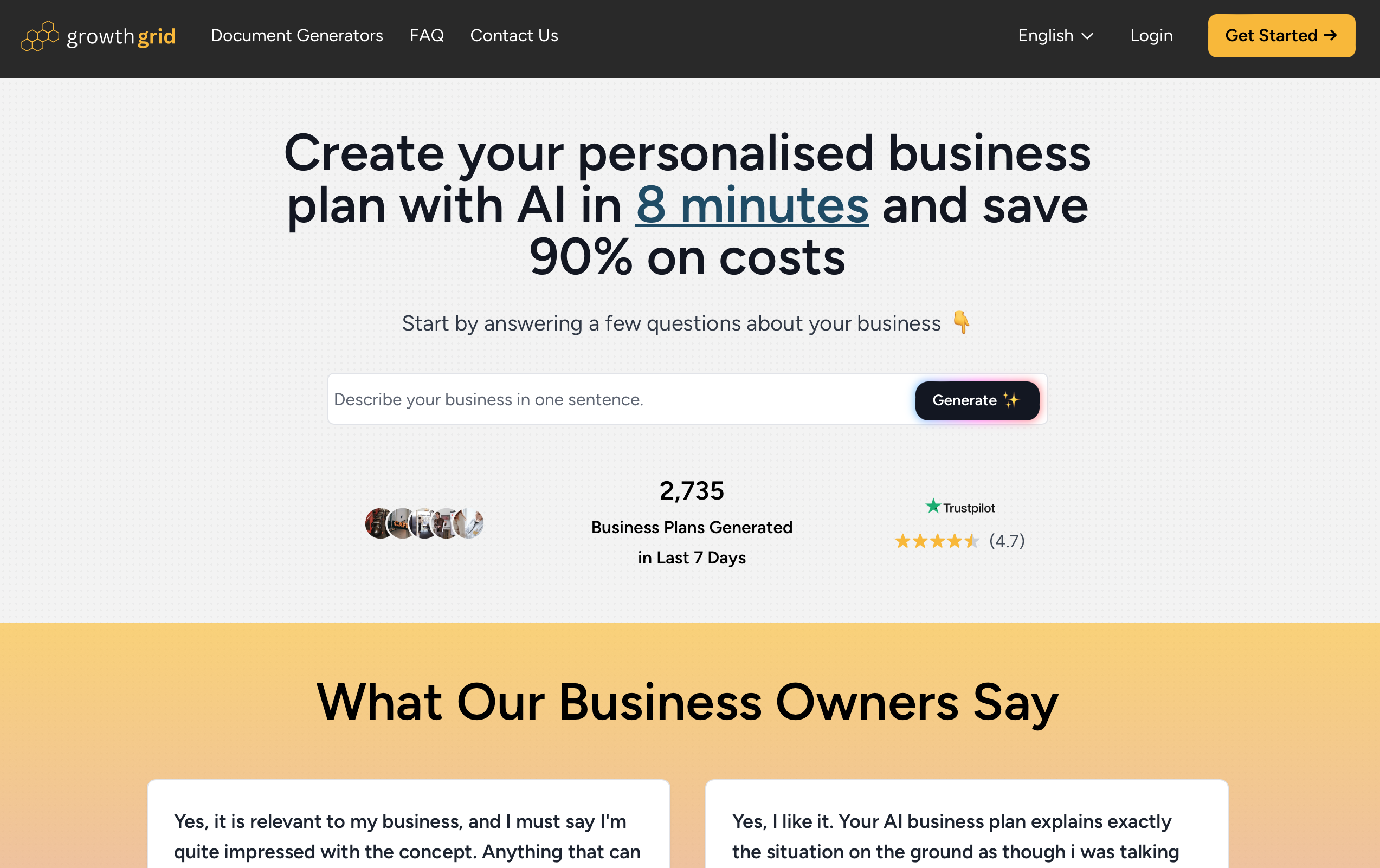 Site GrowthGrid - générateur de plans d'affaires par IA